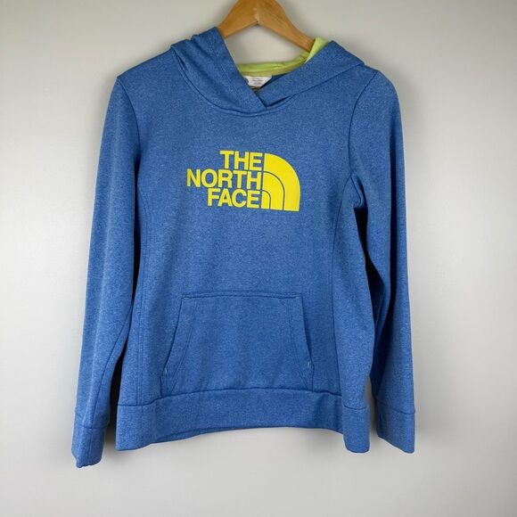 The North Face Heather Blue Yellow Logo Print Track Pullover Hoodie Ladies MED - Picture 1 of 6